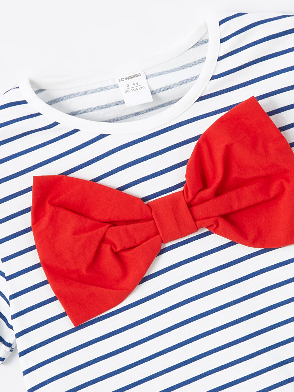 Lacivert Bisiklet Yaka Çizgili Fiyonklu Kız Çocuk Tişört-3