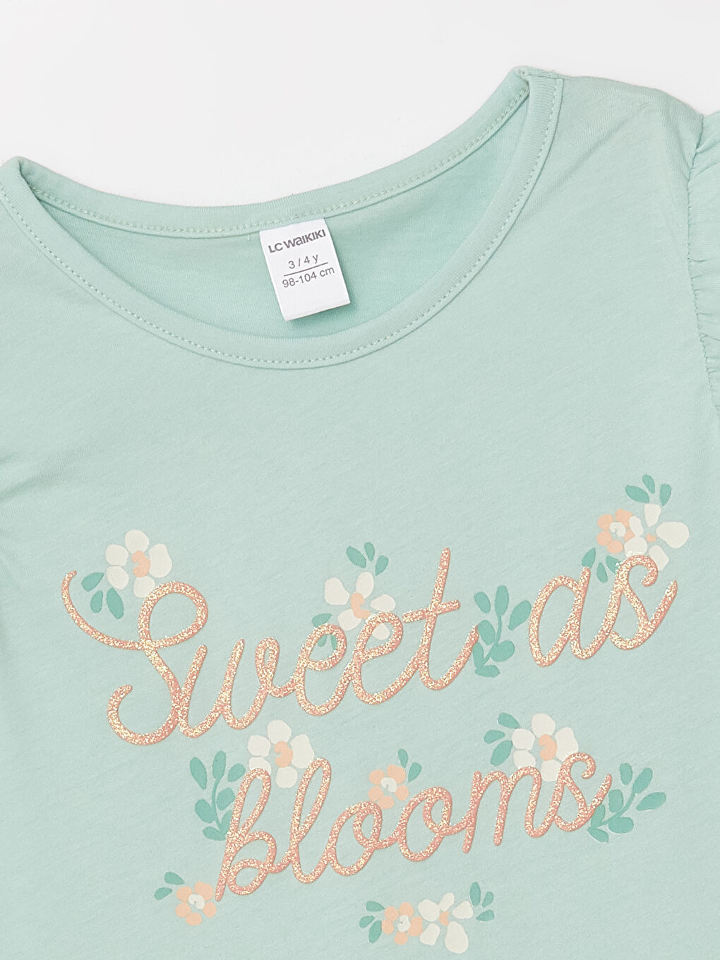 Yeşil Bisiklet Yaka Çiçekli Kız Çocuk Tişört-2
