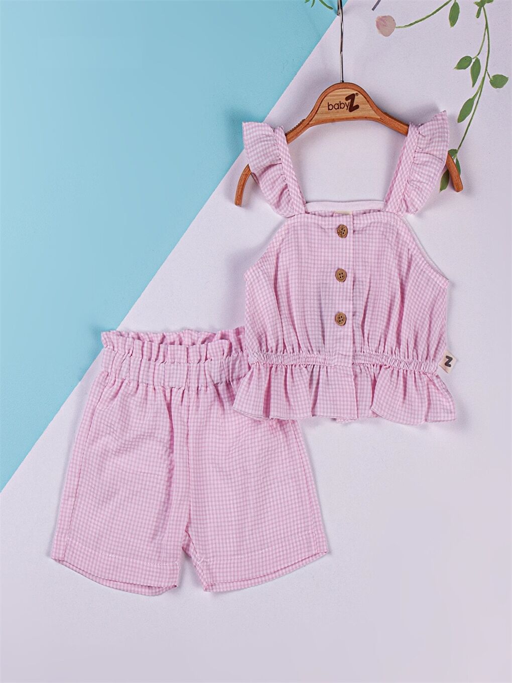 Babyzz Pembe Çizgili Kare Yaka Kız Bebek Şort Takım
