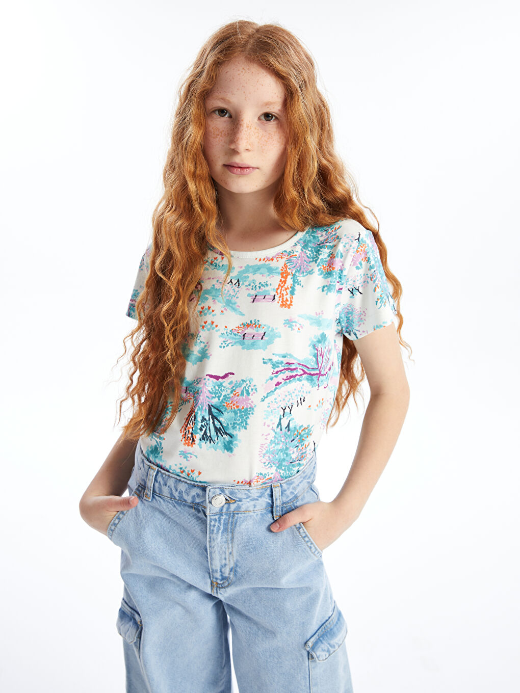 Karışık Bisiklet Yaka Baskılı Kısa Kollu Kız Çocuk Tişört