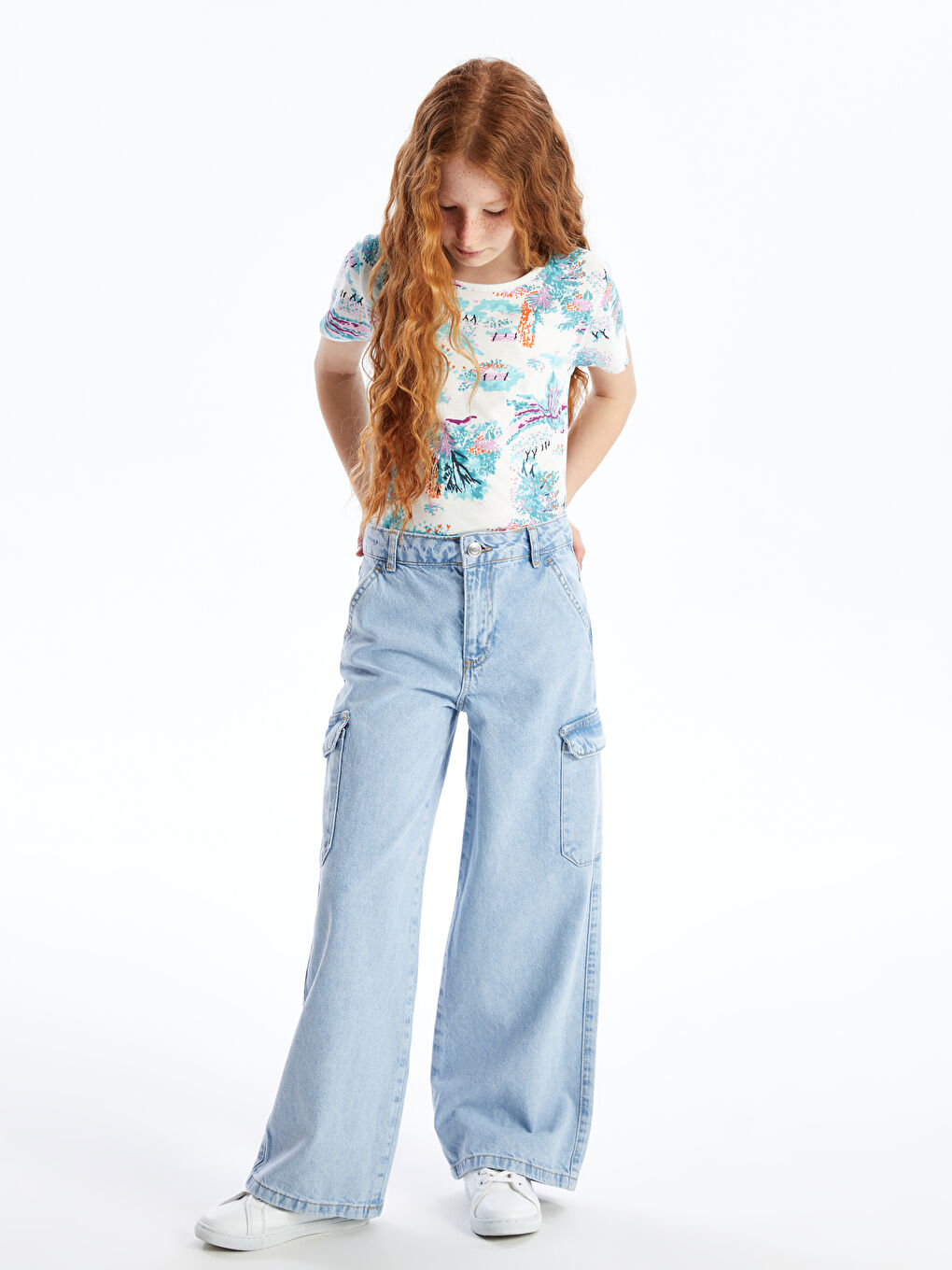 Karışık Bisiklet Yaka Baskılı Kısa Kollu Kız Çocuk Tişört-1