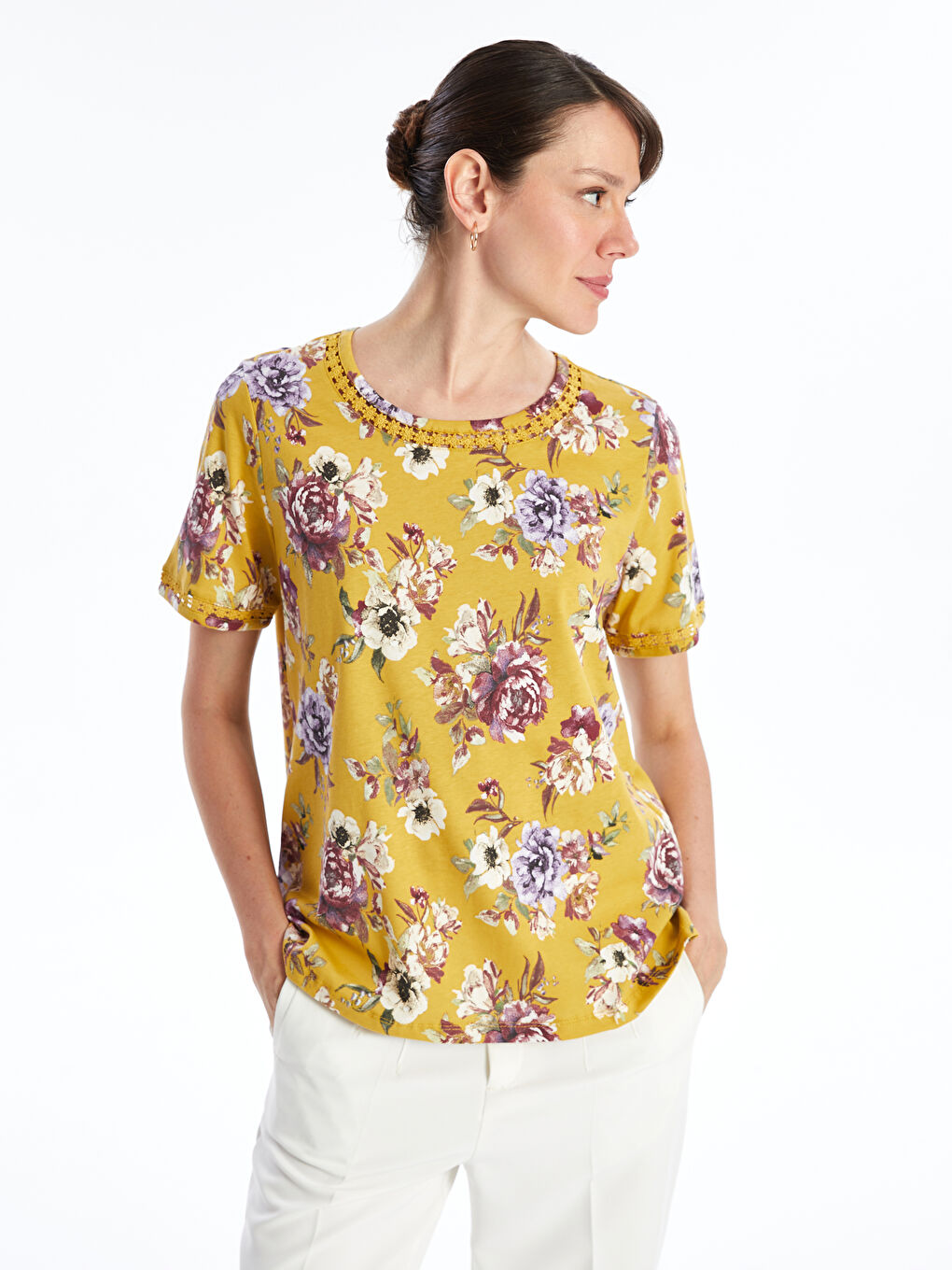 Crew Neck Floral Short Sleeve Women's T-Shirt -S4N224Z8-LUE