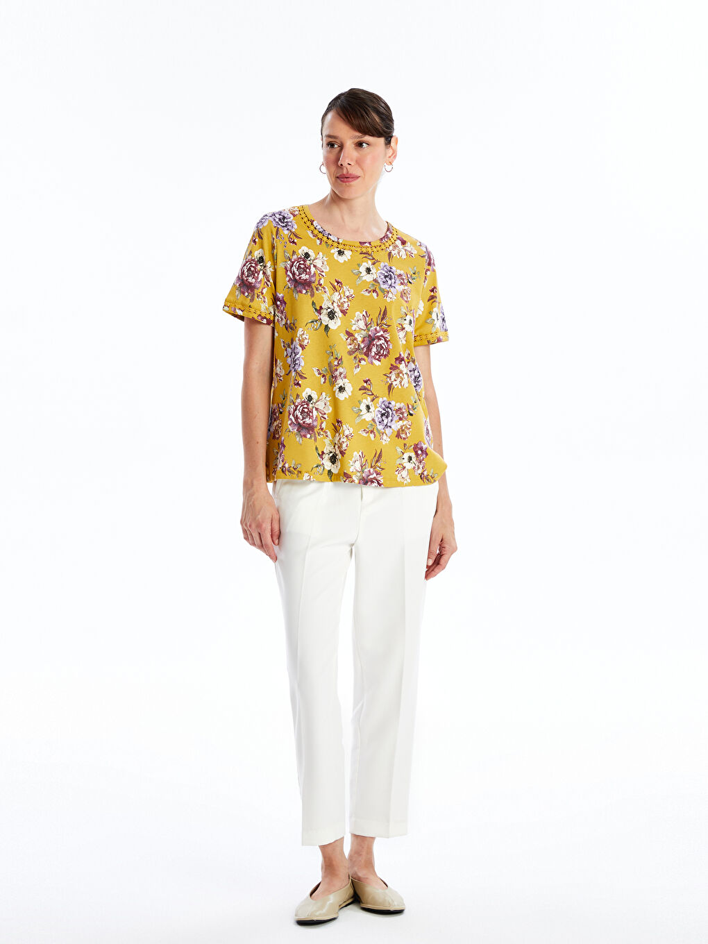 Crew Neck Floral Short Sleeve Women's T-Shirt -S4N224Z8-LUE