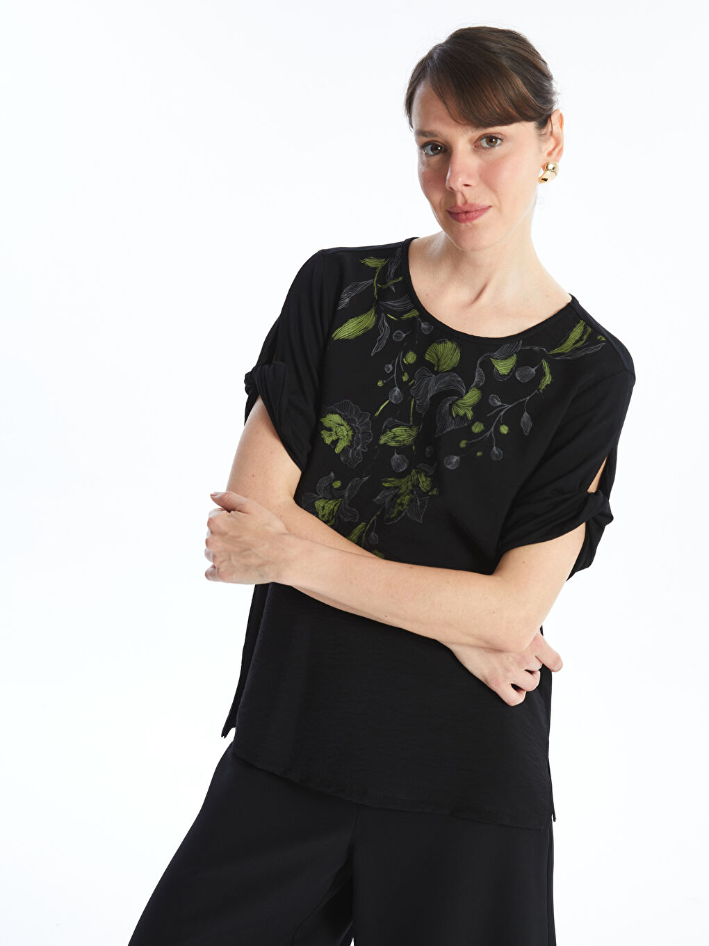 Crew Neck Printed Short Sleeve Women Blouse -S4N225Z8-CVL