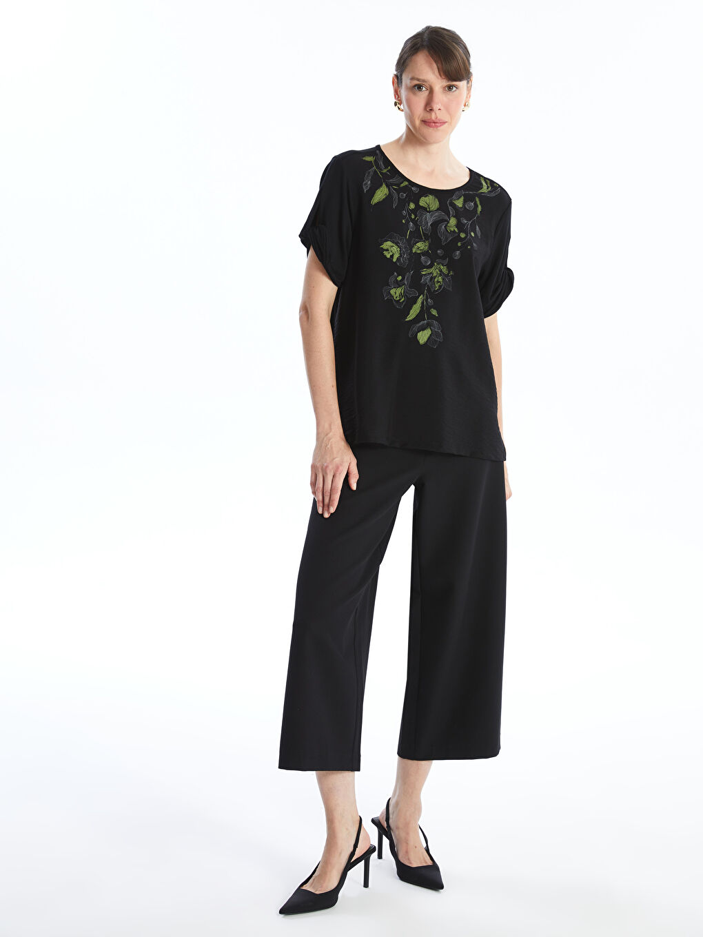 Crew Neck Printed Short Sleeve Women Blouse -S4N225Z8-CVL