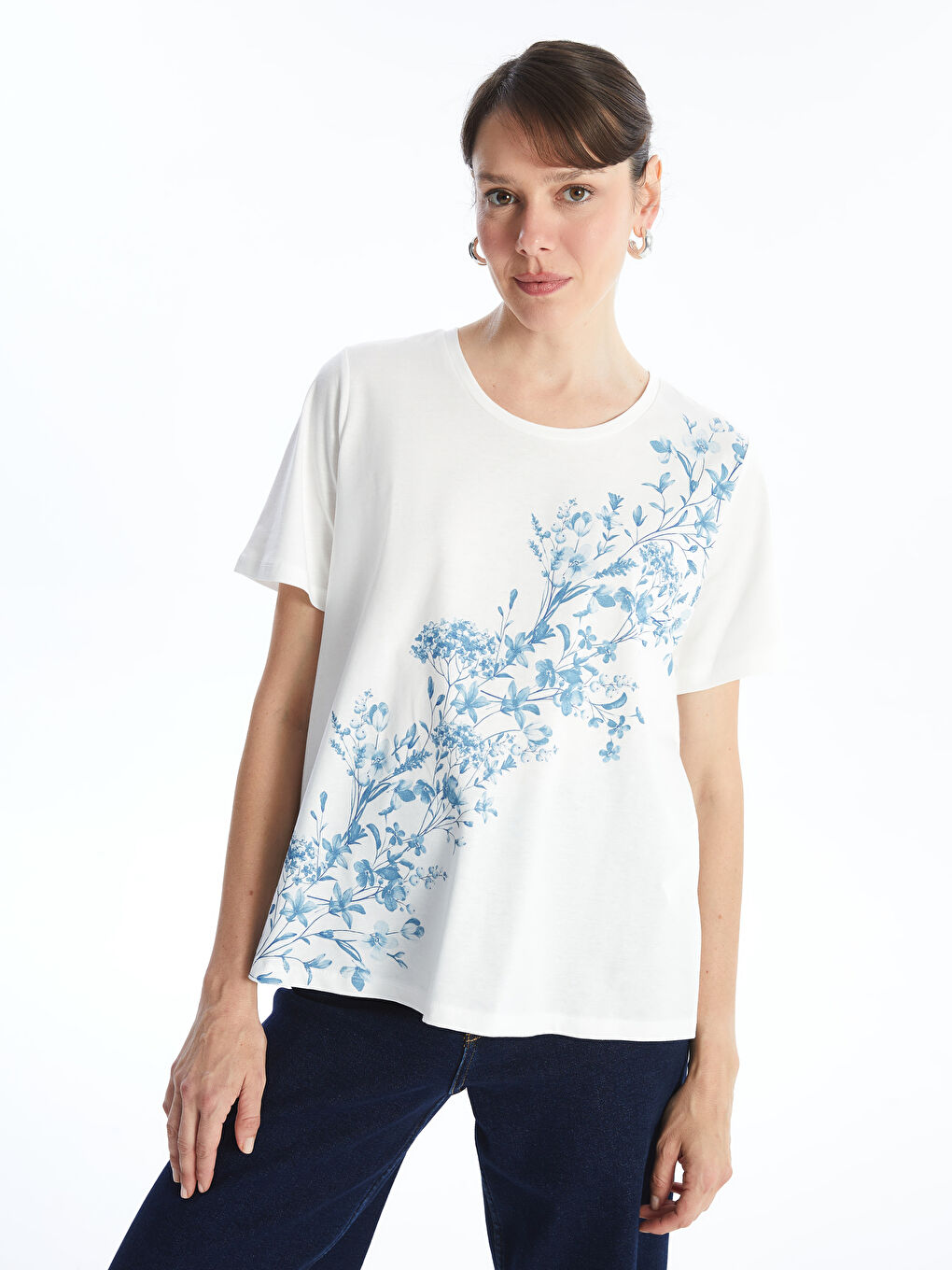 V-Neck Floral Short Sleeve Women's T-Shirt -S4N316Z8-LQK
