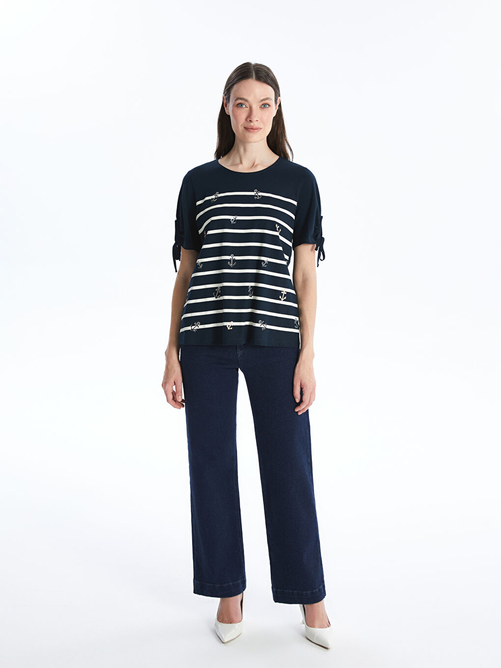 Crew Neck Striped Short Sleeve Women's Blouse -S4N319Z8-E1J