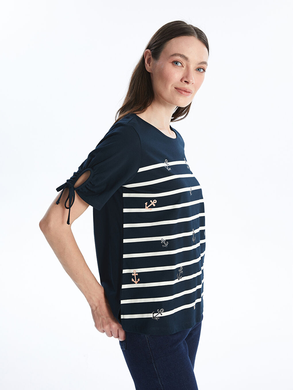 Crew Neck Striped Short Sleeve Women's Blouse -S4N319Z8-E1J