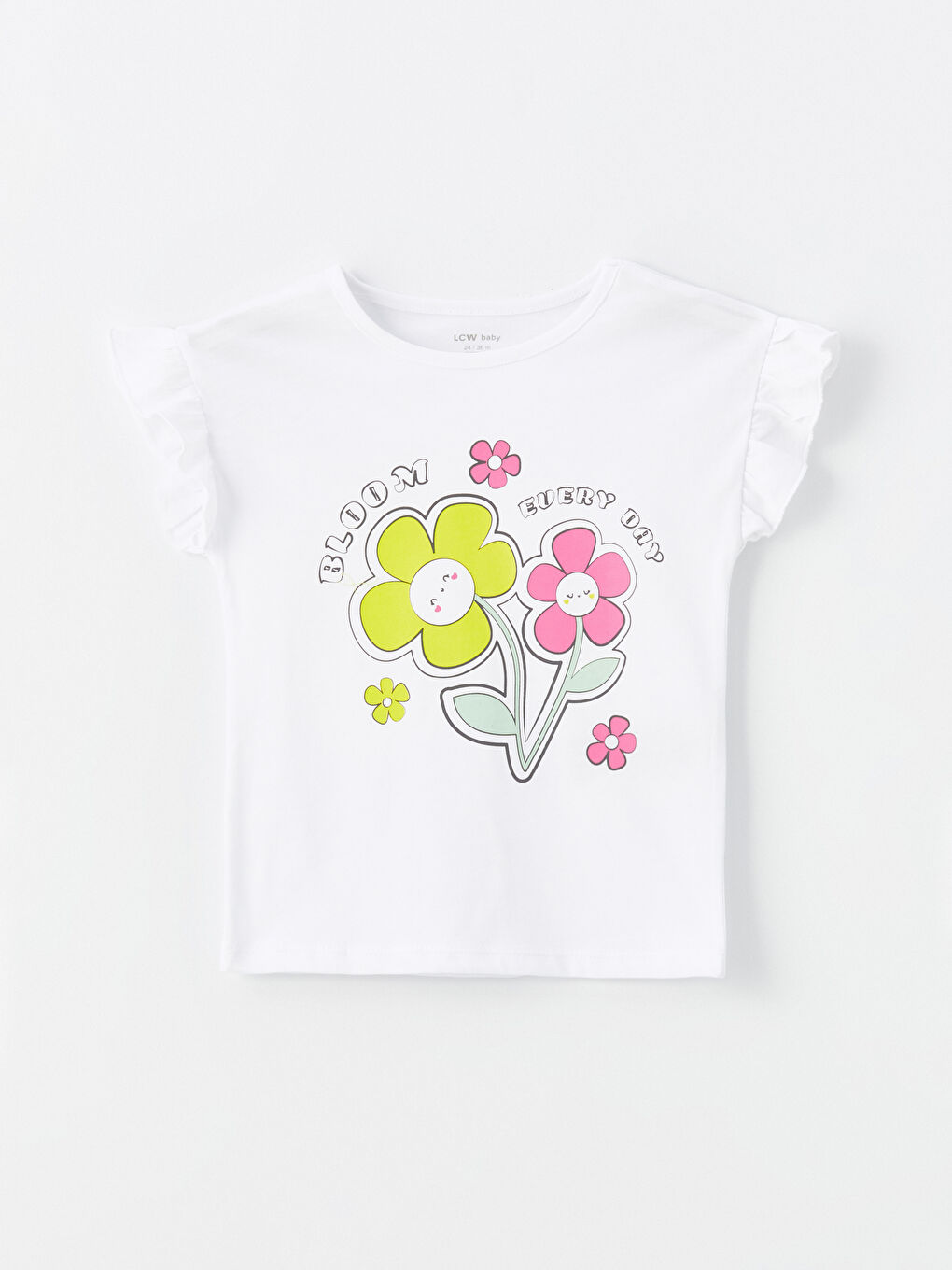 Ekru Bisiklet Yaka Kısa Kollu Baskılı Kız Bebek Tişört