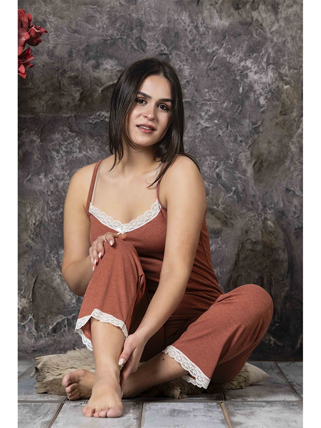 ERCAN Kahverengi Askılı Kadın Pijama Takımı