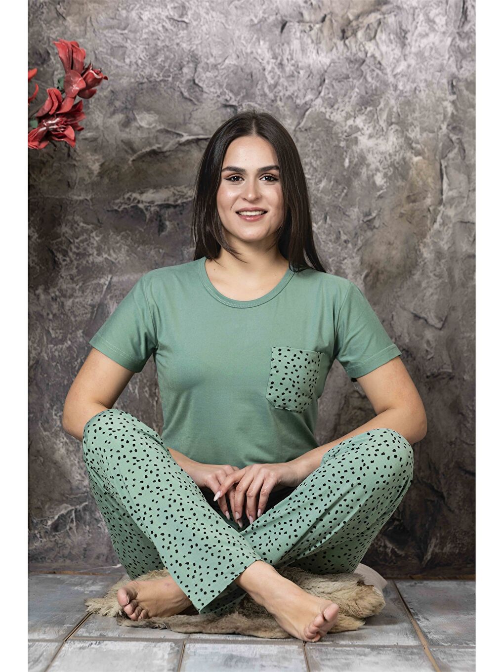 CHARME Yeşil Bisiklet Yaka Kadın Pijama Takım