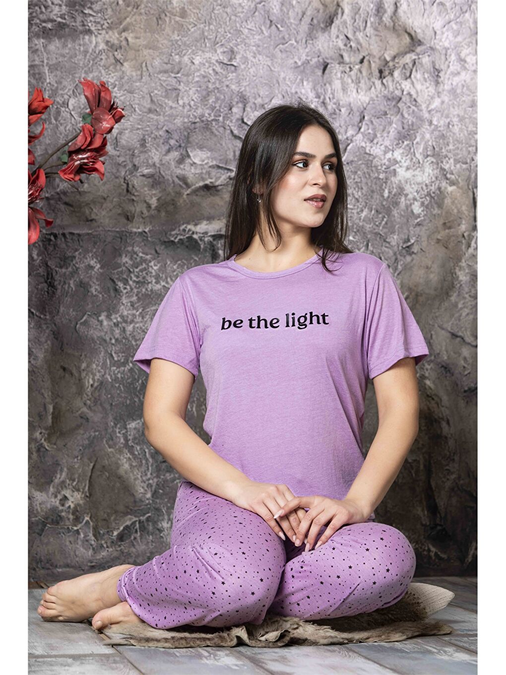 Lila Bisiklet Yaka Kadın Pijama Takım-1