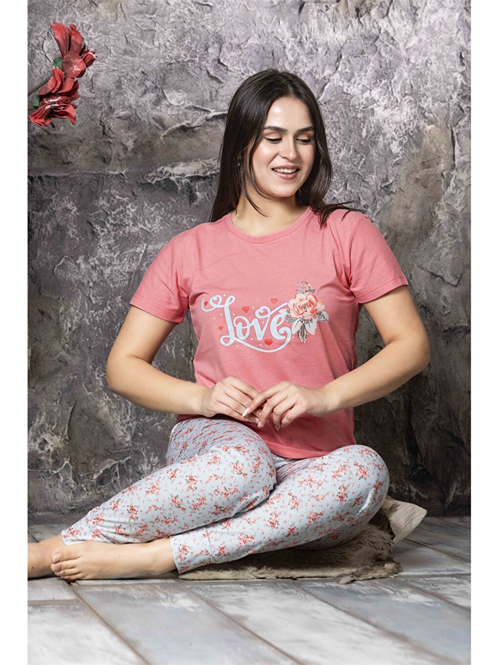 SUDE Pembe Bisiklet Yaka Kadın Pijama Takım - 1