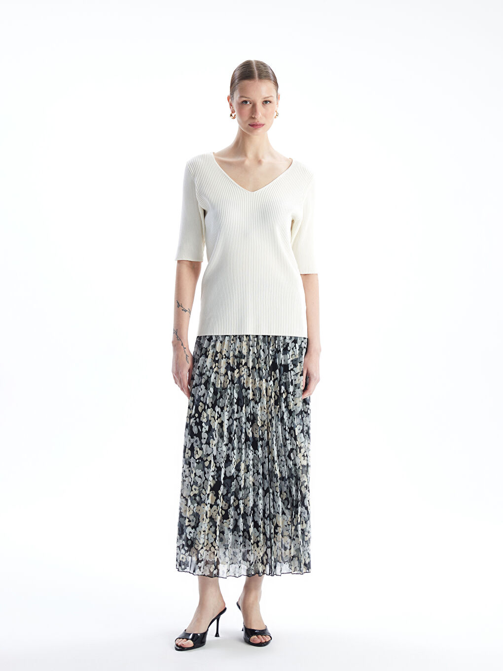 Women's Elastic Waist Patterned Pleated Skirt -S4N495Z8-LQJ