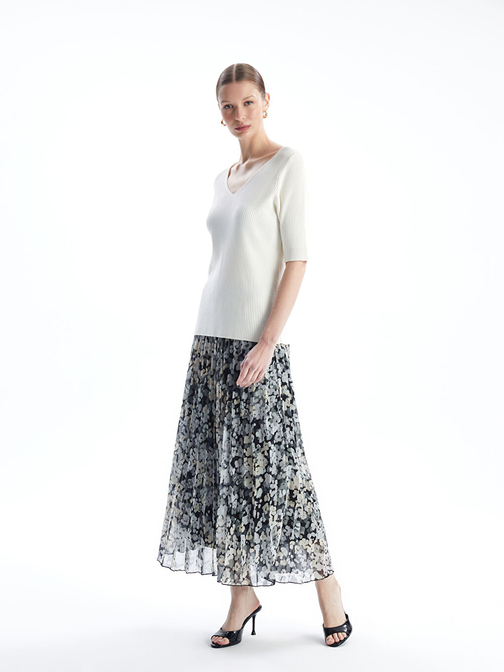 Women's Elastic Waist Patterned Pleated Skirt -S4N495Z8-LQJ