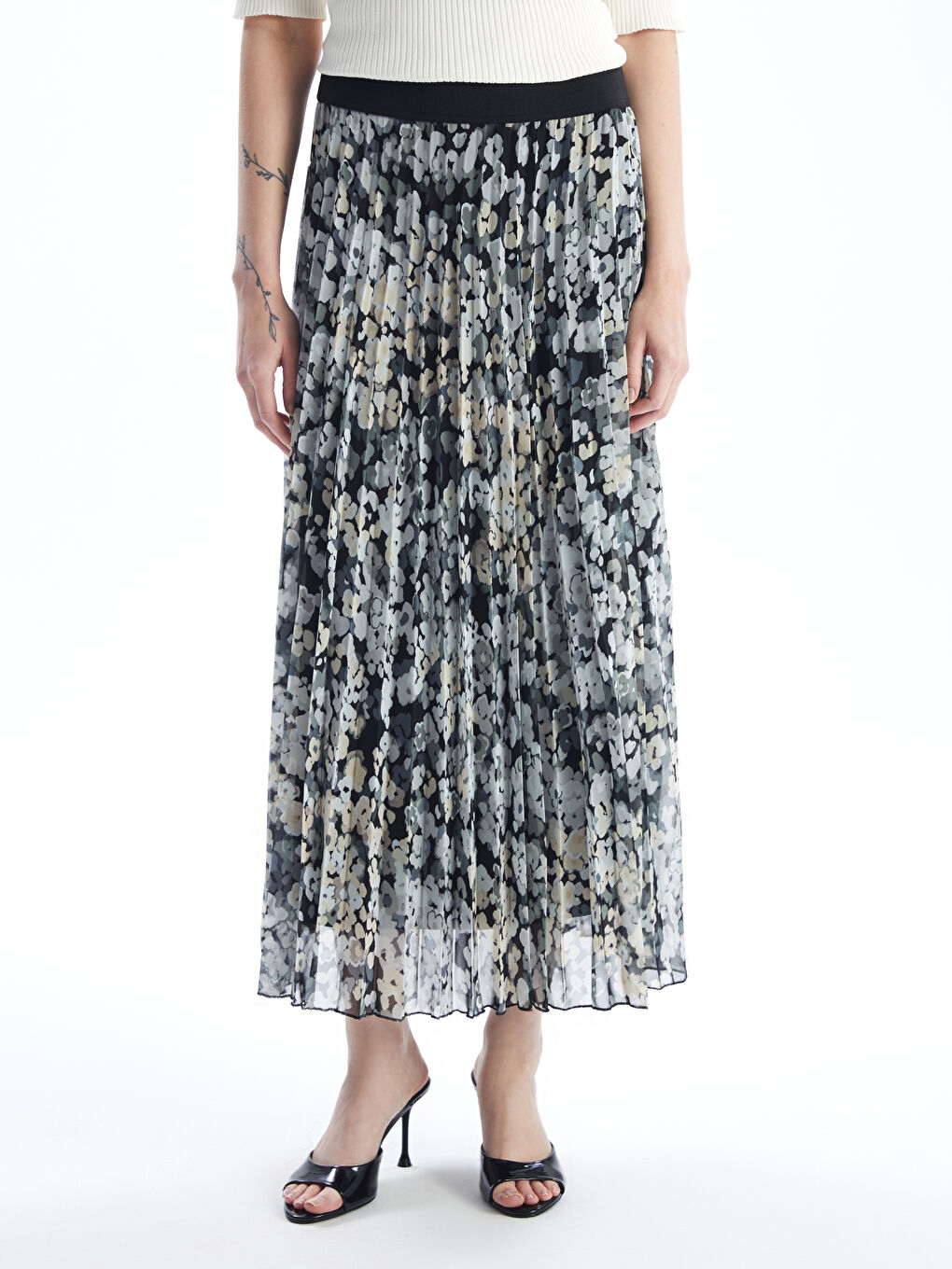 Women's Elastic Waist Patterned Pleated Skirt -S4N495Z8-LQJ