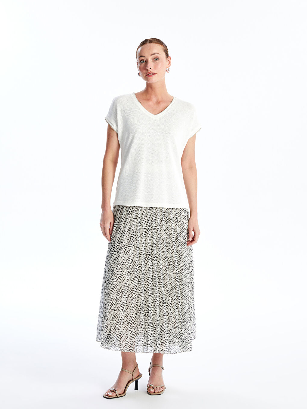 Women's Elastic Waist Patterned Pleated Skirt -S4N495Z8-LRA