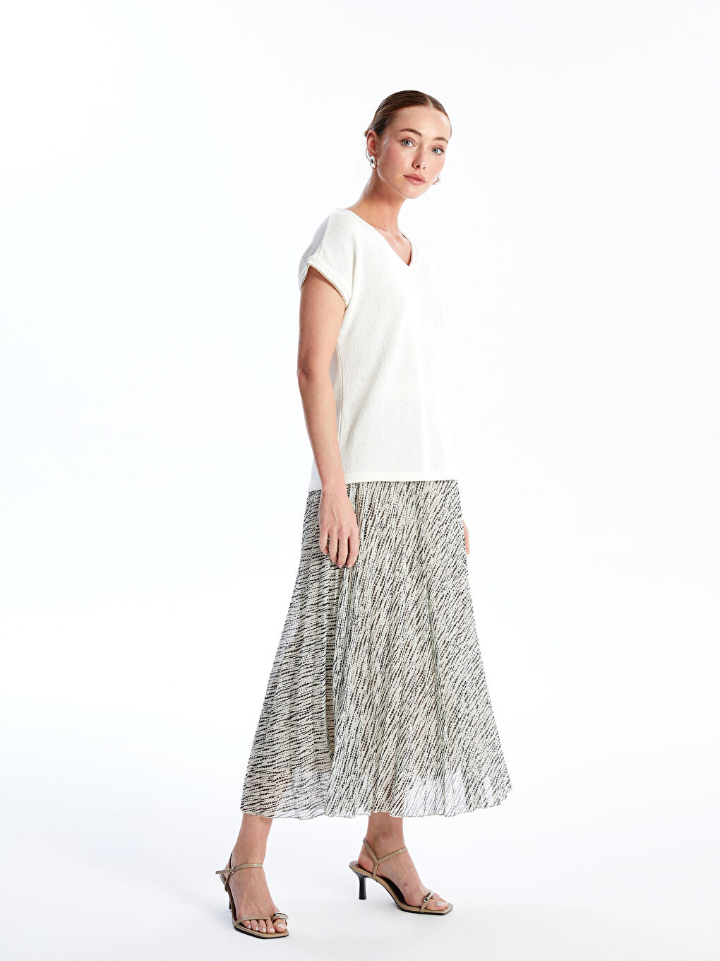 Women's Elastic Waist Patterned Pleated Skirt -S4N495Z8-LRA