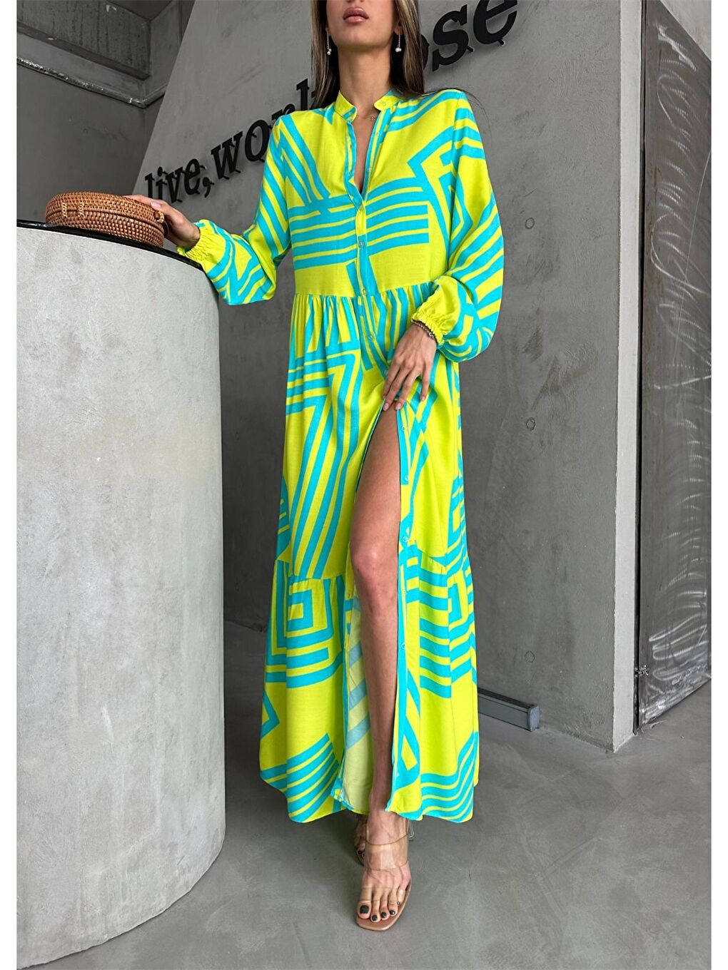 Turkuaz Desenli Kadın Elbise-4