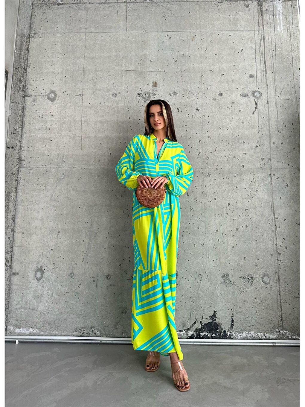 Turkuaz Desenli Kadın Elbise-1