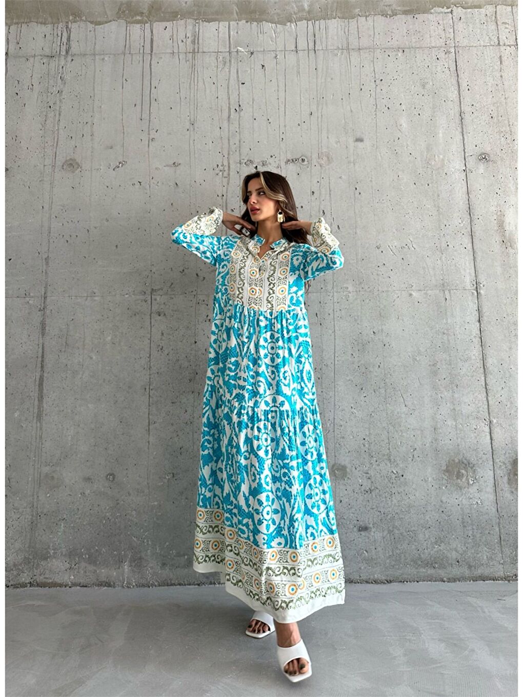Turkuaz Baskılı Elbise-1