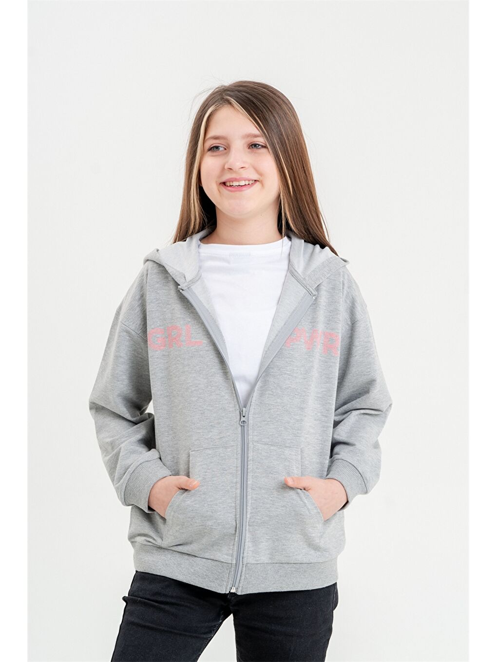 Mışıl Kids Gri Baskılı Uzun Kollu Kız Çocuk Fermuarlı Sweatshirt
