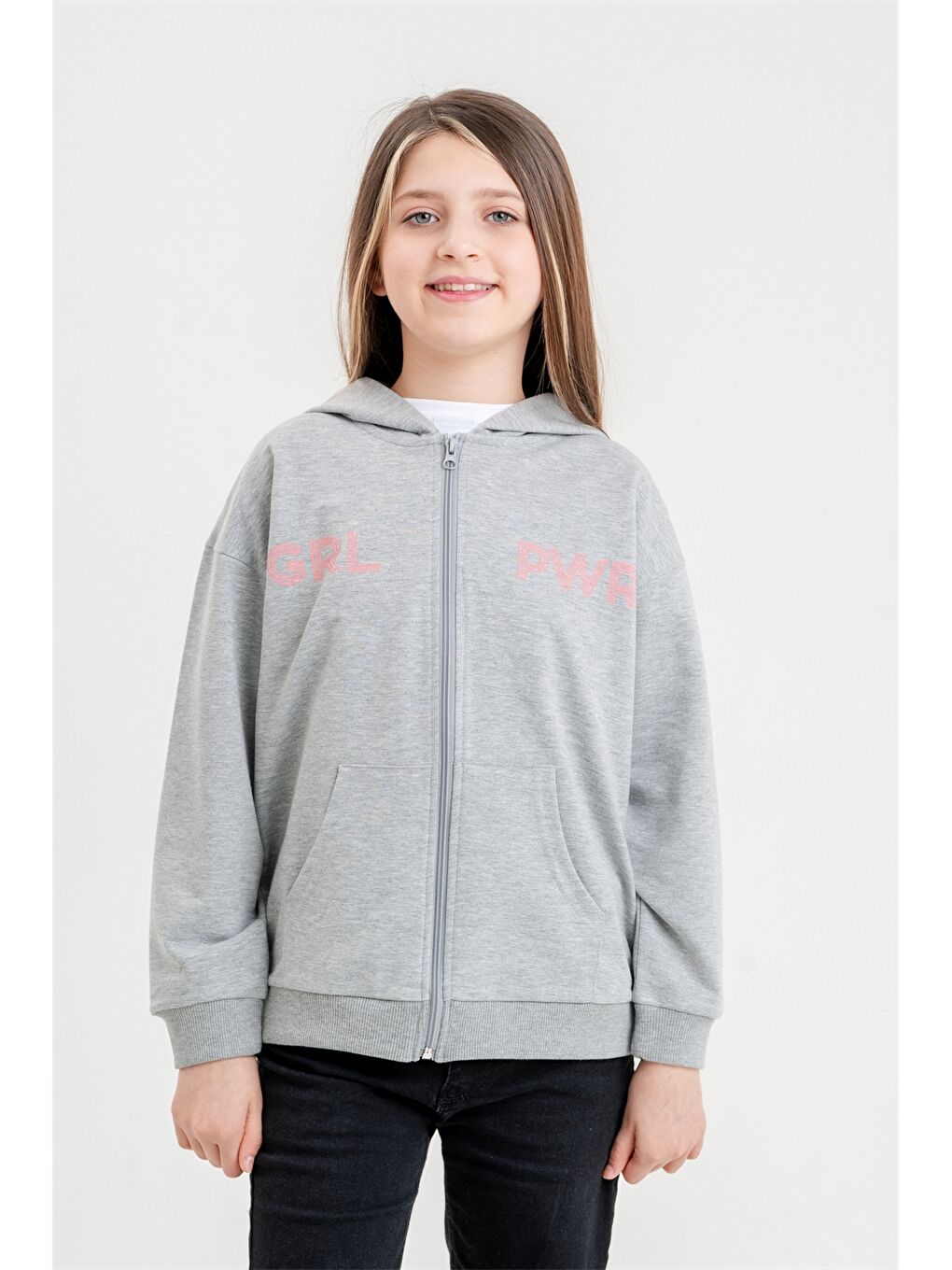 Mışıl Kids Gri Baskılı Uzun Kollu Kız Çocuk Fermuarlı Sweatshirt - 1