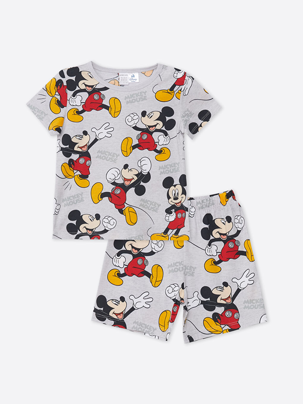 LCW baby Gri Bisiklet Yaka Kısa Kollu Mickey Mouse Baskılı Şortlu Erkek Bebek Pijama Takımı