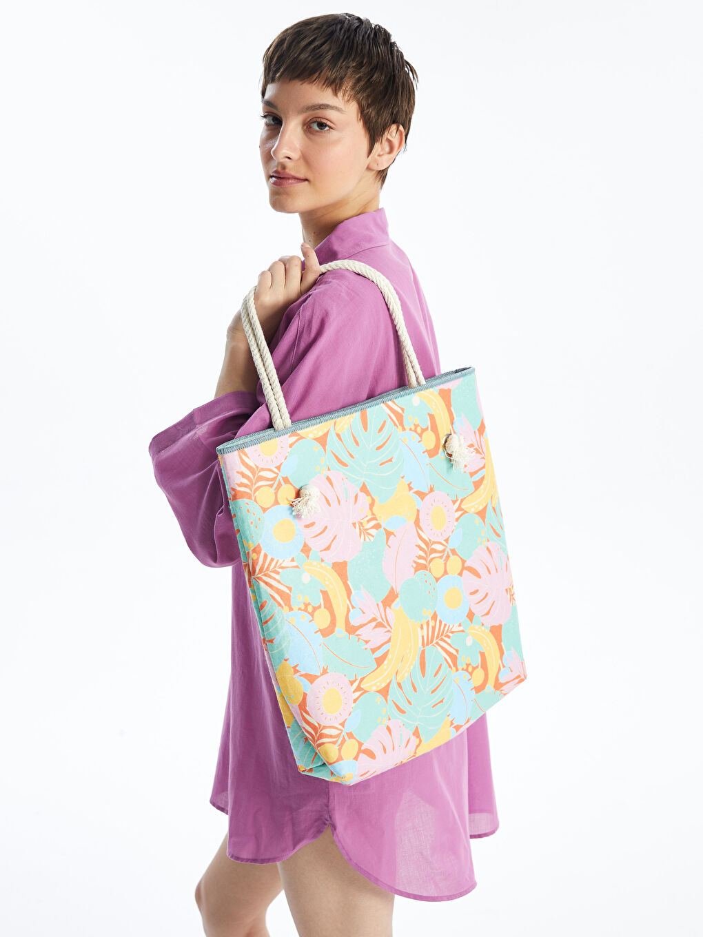 Floral Printed Women's Beach Bag -S4N549Z8-F9C