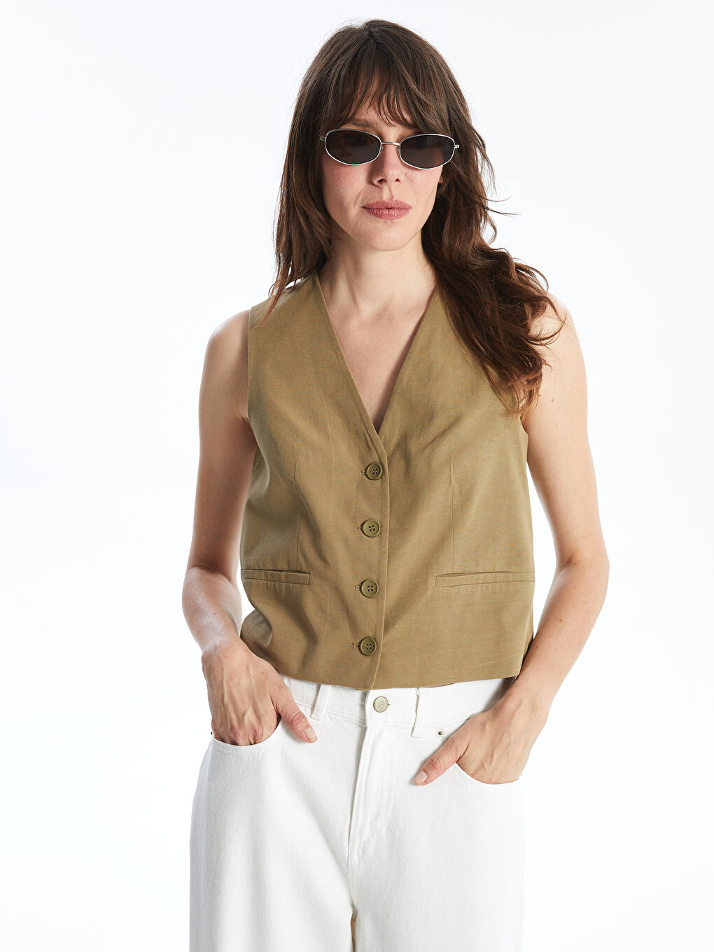 V-Neck Plain Linen Blend Women's Classic Vest -S4N560Z8-GGY