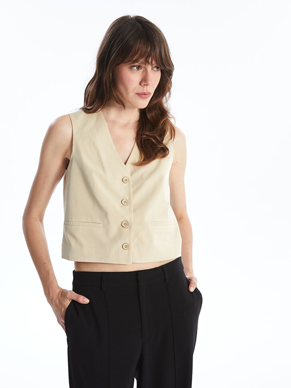 V-Neck Plain Linen Blend Women's Classic Vest -S4N560Z8-JQE