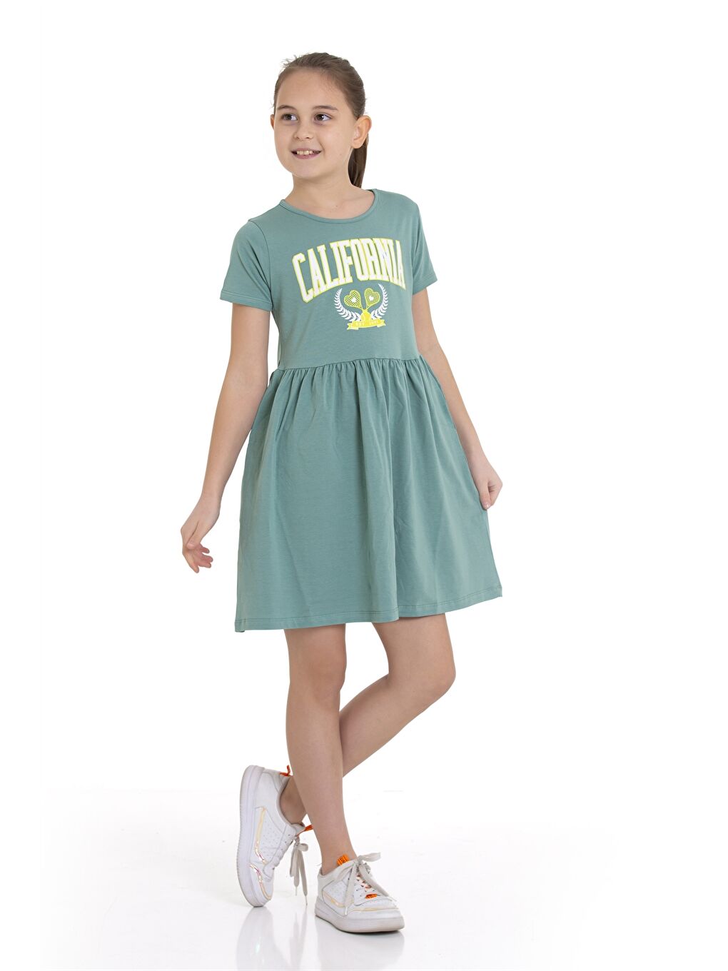 Yeşil Bisiklet Yaka Kız Çocuk Elbise