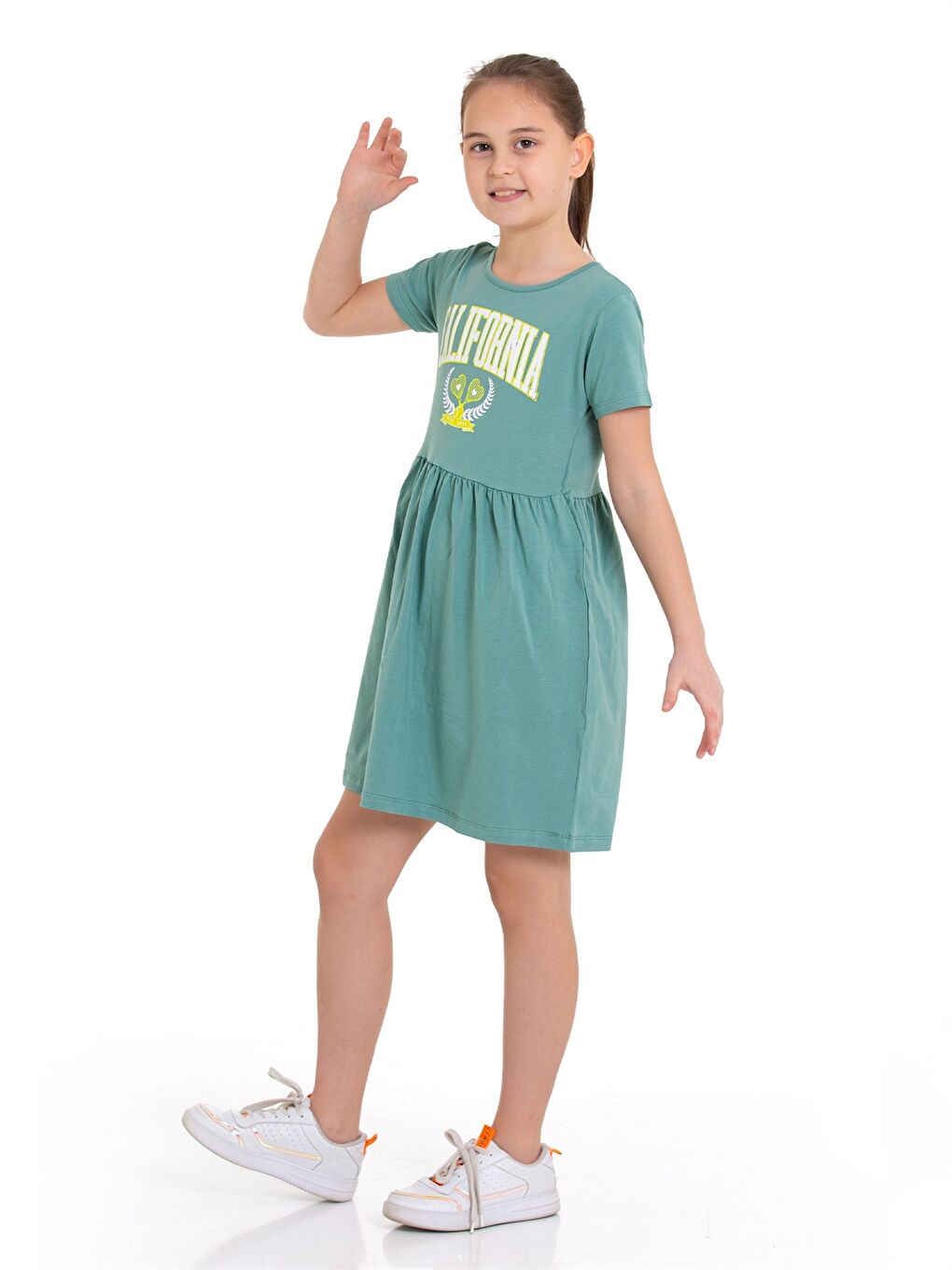 Yeşil Bisiklet Yaka Kız Çocuk Elbise-1