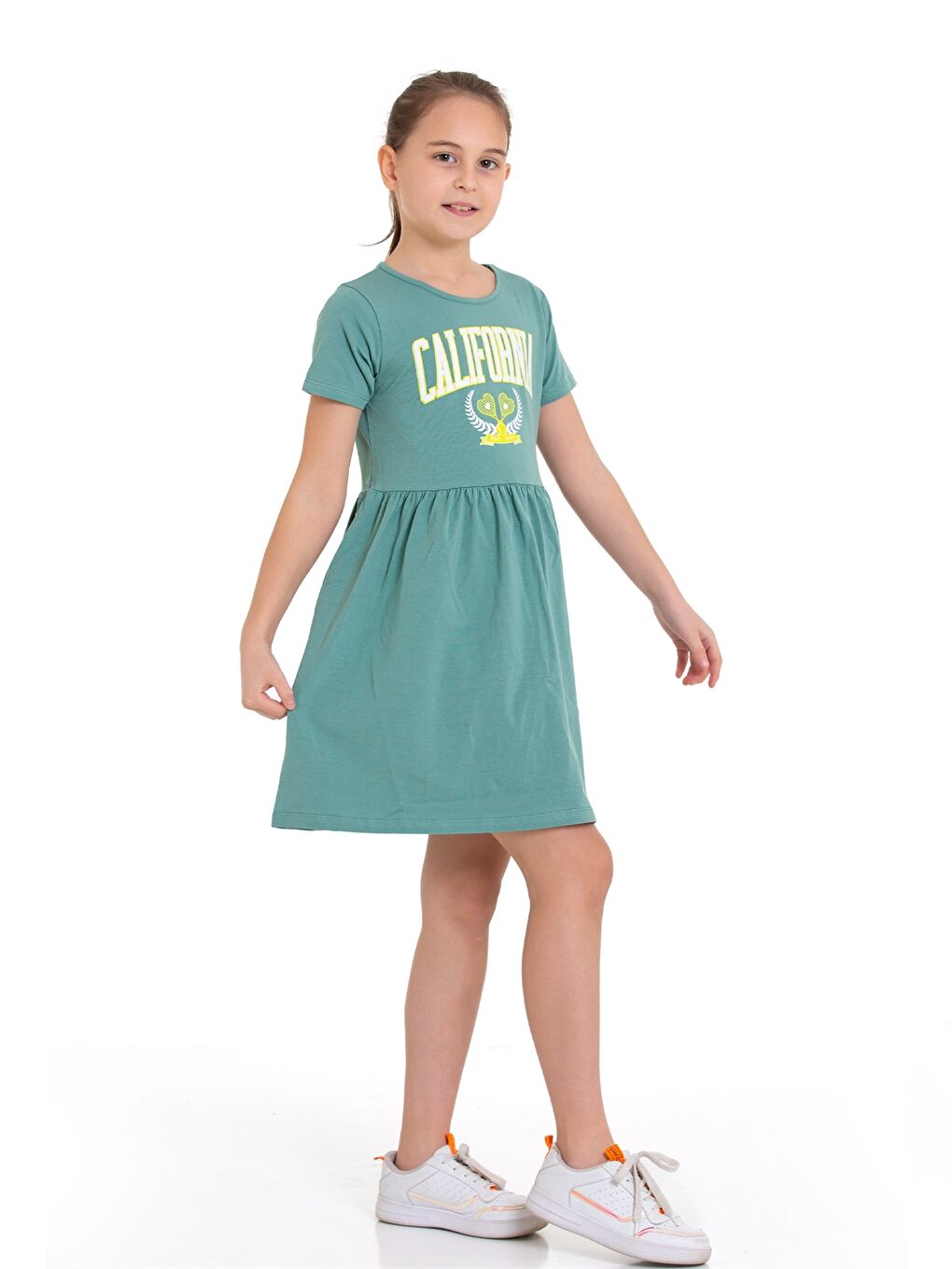 Yeşil Bisiklet Yaka Kız Çocuk Elbise-2