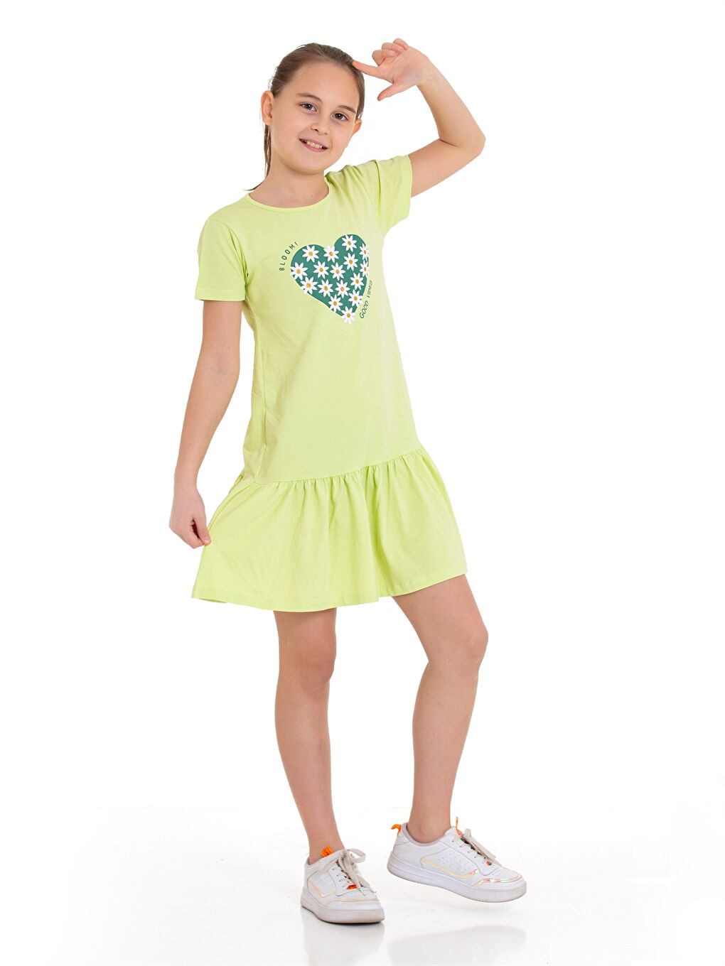 Yeşil Bisiklet Yaka Kız Çocuk Elbise-1