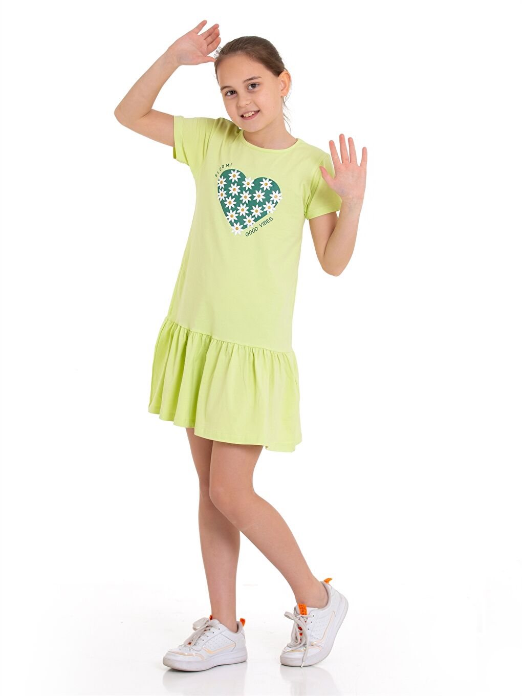 Yeşil Bisiklet Yaka Kız Çocuk Elbise-2