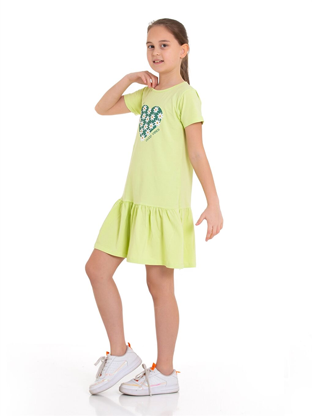 Yeşil Bisiklet Yaka Kız Çocuk Elbise-3