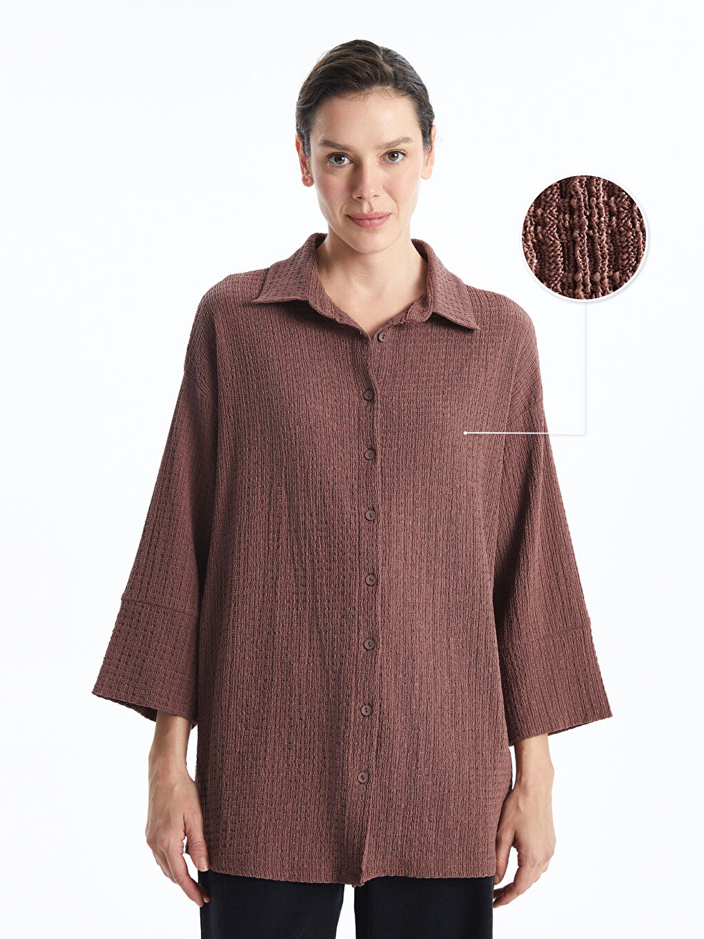 Kahverengi Dokulu Oversize Kadın Gömlek Tunik