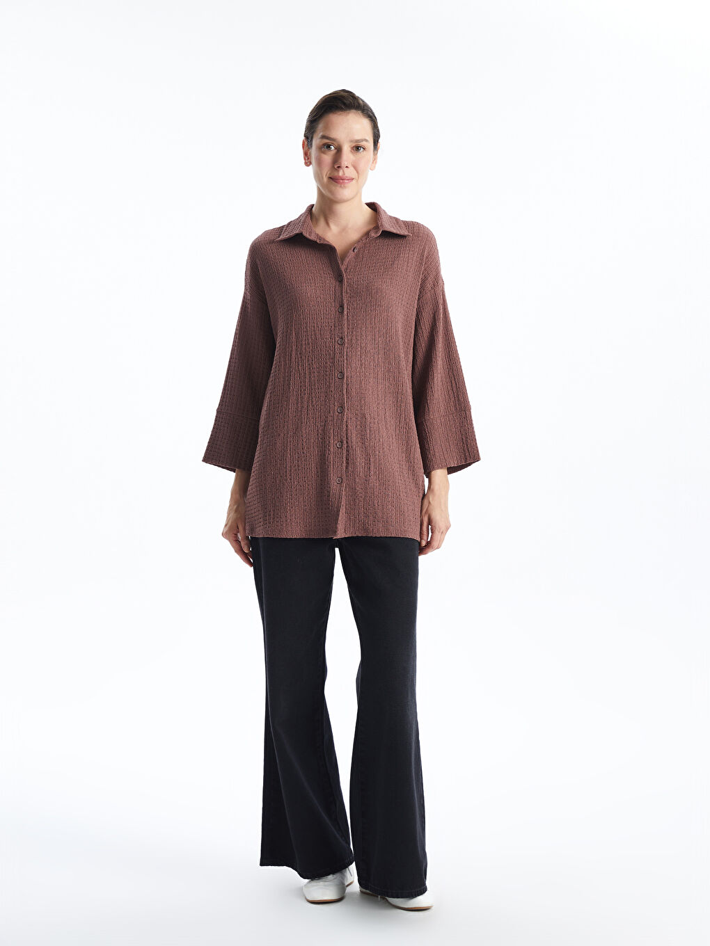 Kahverengi Dokulu Oversize Kadın Gömlek Tunik-1