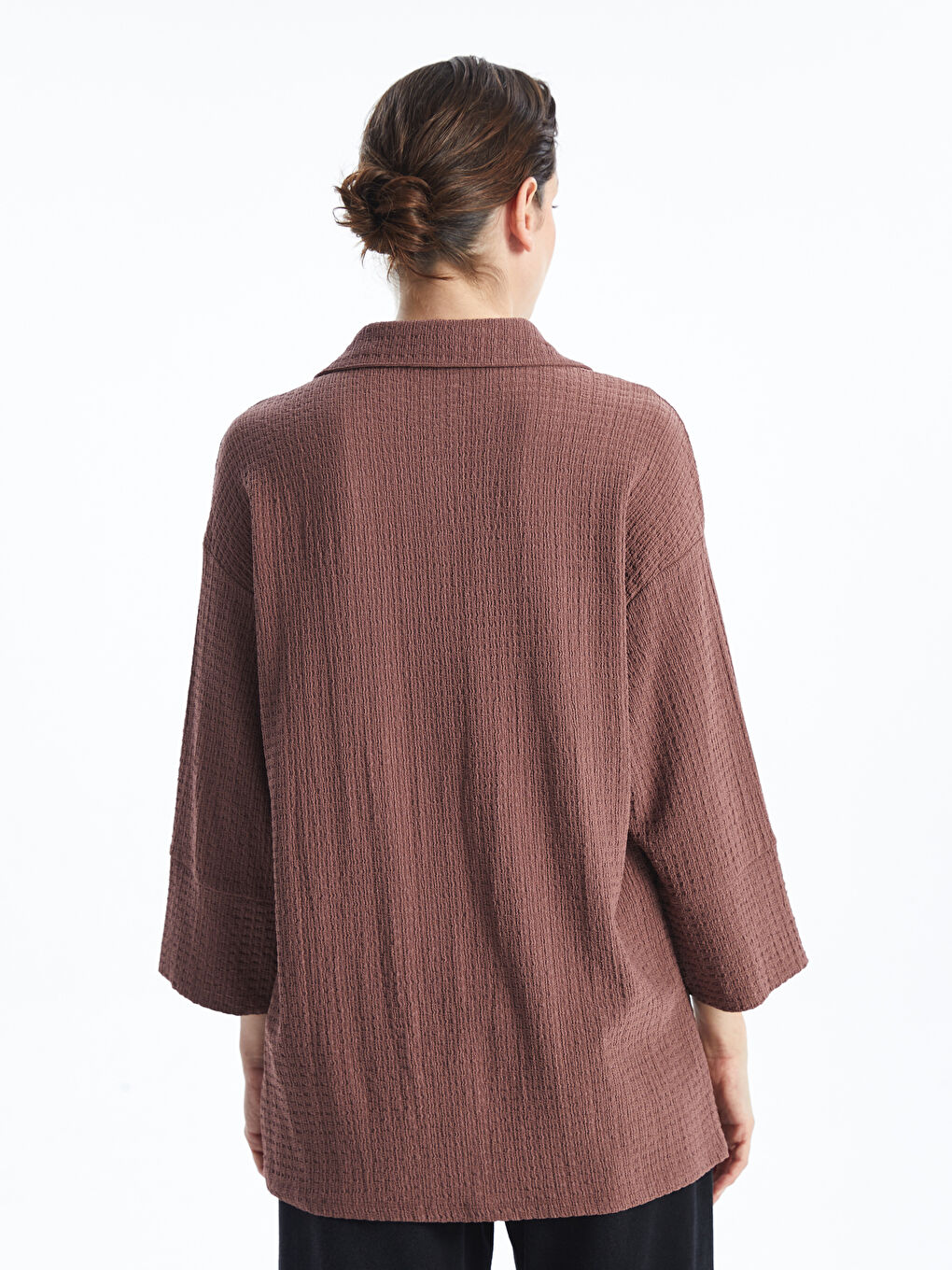Kahverengi Dokulu Oversize Kadın Gömlek Tunik-3