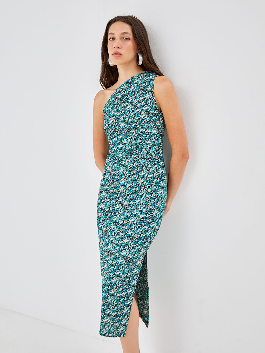 Karışık Tek Omuz Desenli Kadın Elbise