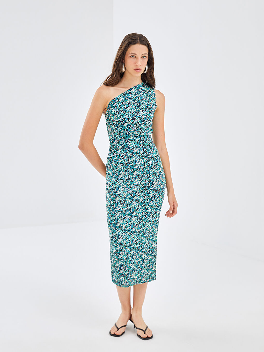 Karışık Tek Omuz Desenli Kadın Elbise-1