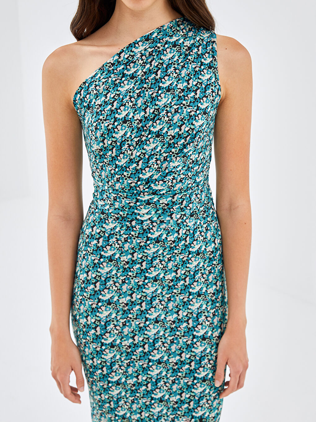 Karışık Tek Omuz Desenli Kadın Elbise-2