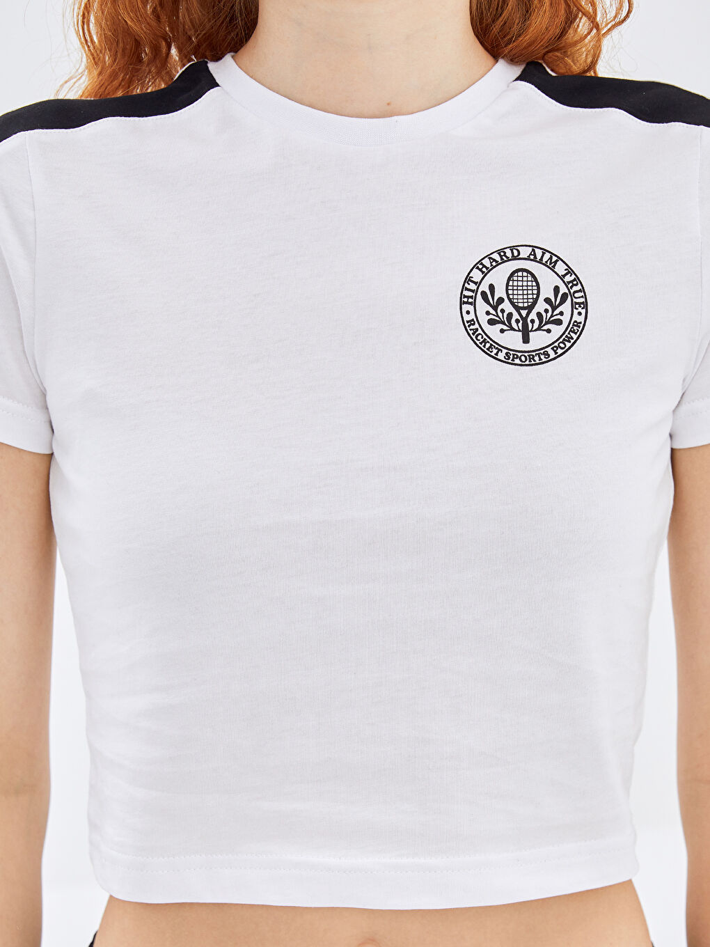 Beyaz Bisiklet Yaka Baskılı Kısa Kollu Kadın Crop-2