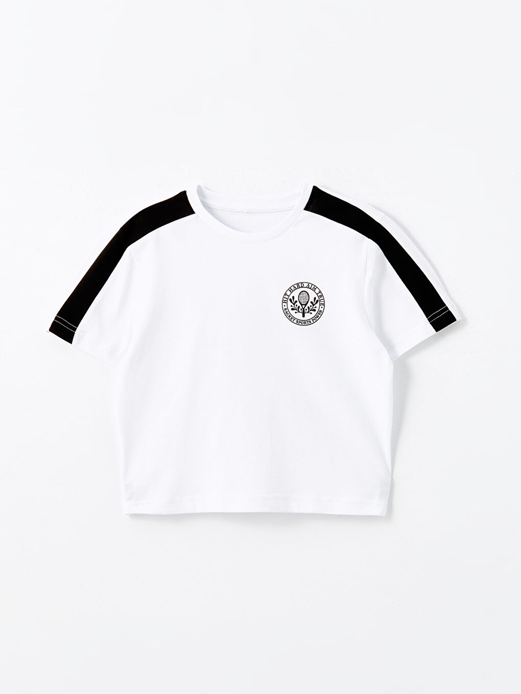 Beyaz Bisiklet Yaka Baskılı Kısa Kollu Kadın Crop-4