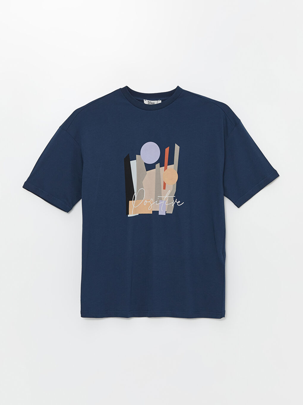 Lacivert Bisiklet Yaka Baskılı Kısa Kollu Kadın Tişört-5