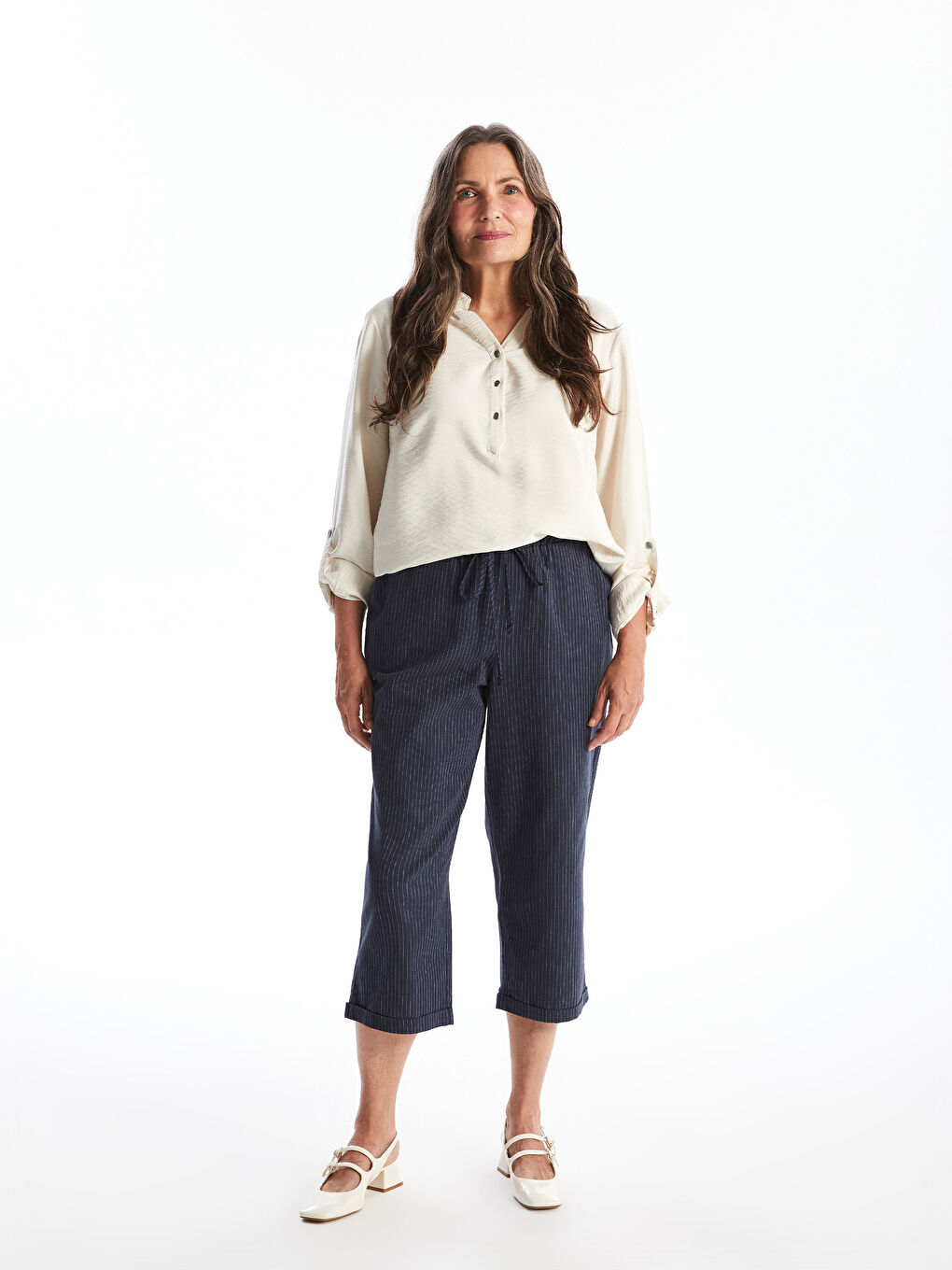 İndigo Beli Lastikli Çizgili Keten Karışımlı Kadın Kapri