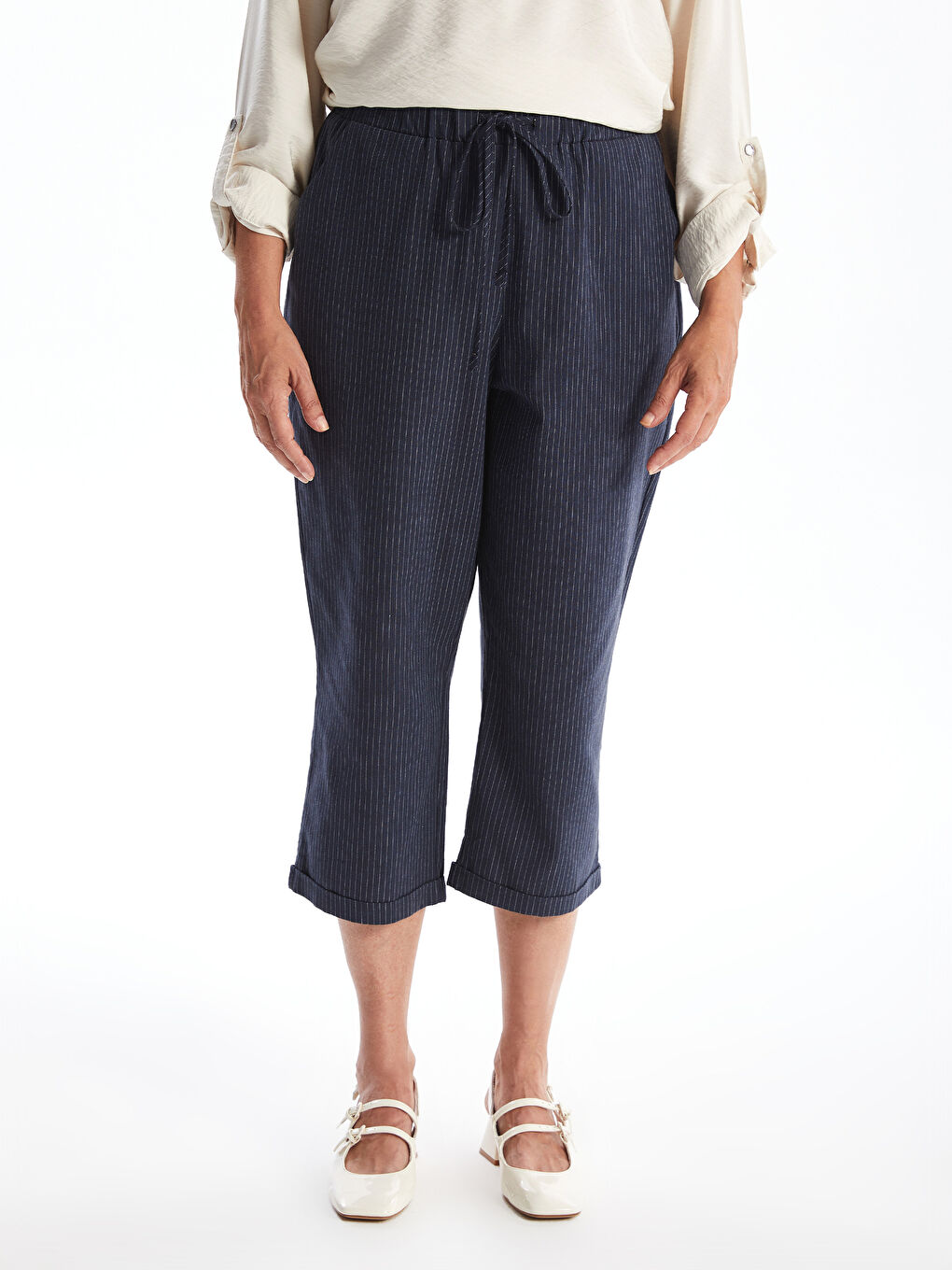 İndigo Beli Lastikli Çizgili Keten Karışımlı Kadın Kapri-1