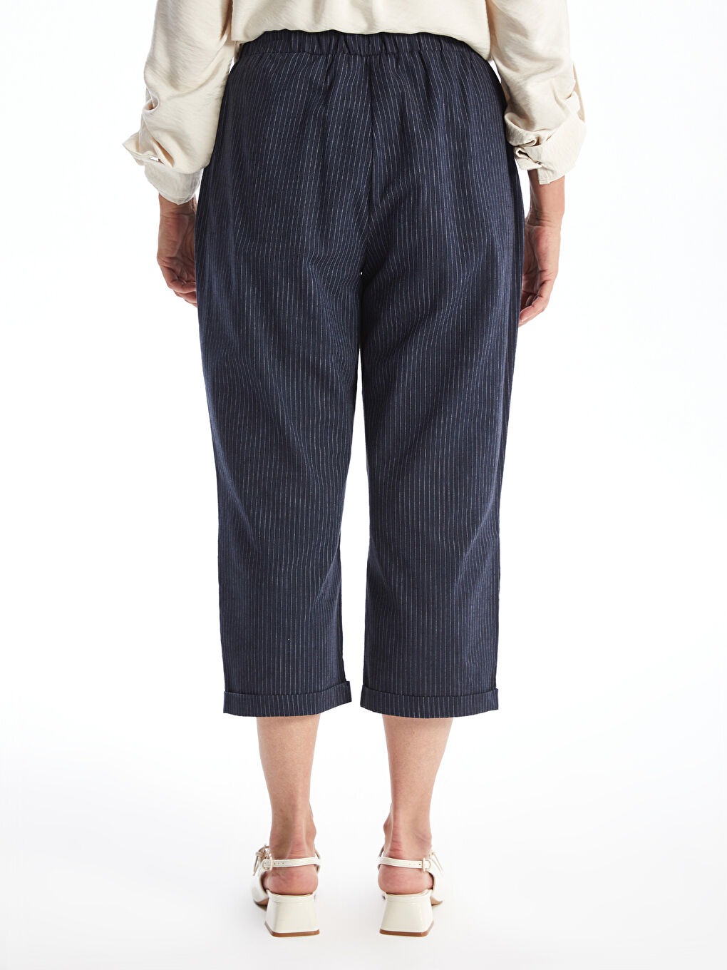 İndigo Beli Lastikli Çizgili Keten Karışımlı Kadın Kapri-3