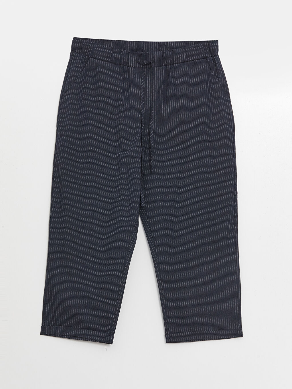 İndigo Beli Lastikli Çizgili Keten Karışımlı Kadın Kapri-4